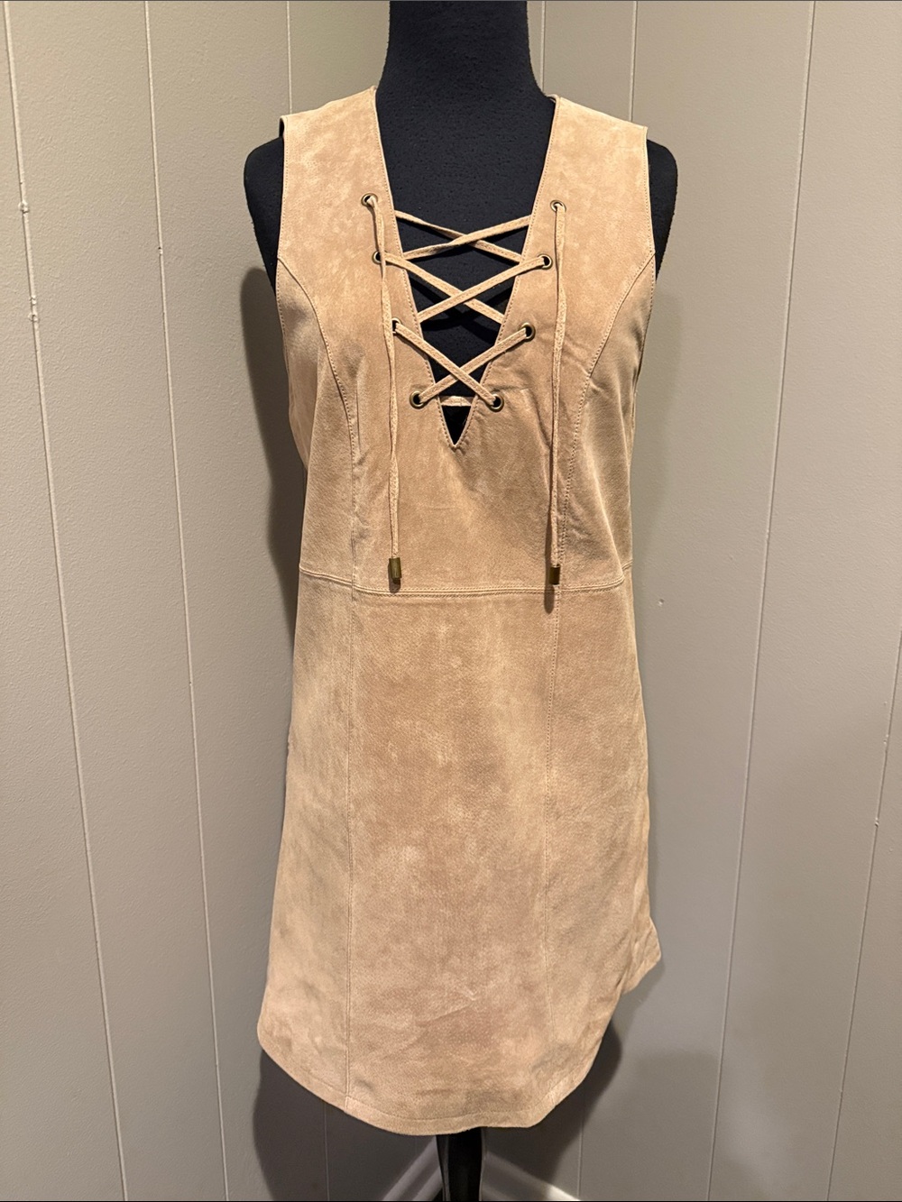 Tobi Women’s Small Lace-Up Suede-Effect Midi Dress in Beige